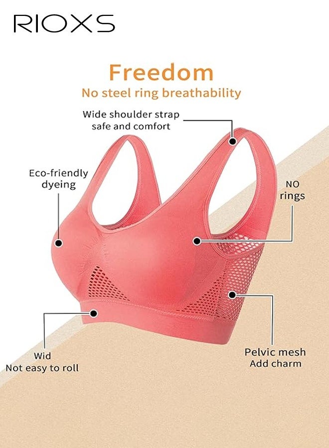 RIOXS Women's Sports Bra, Wireless Breathable Hollow Out Mesh Lingerie for Ladies, Soild Color Seamless Padded Yoga Fitness Bra, Everyday Bras Comfortable Underwear for Sport or Daily Wear, Red - Image 4